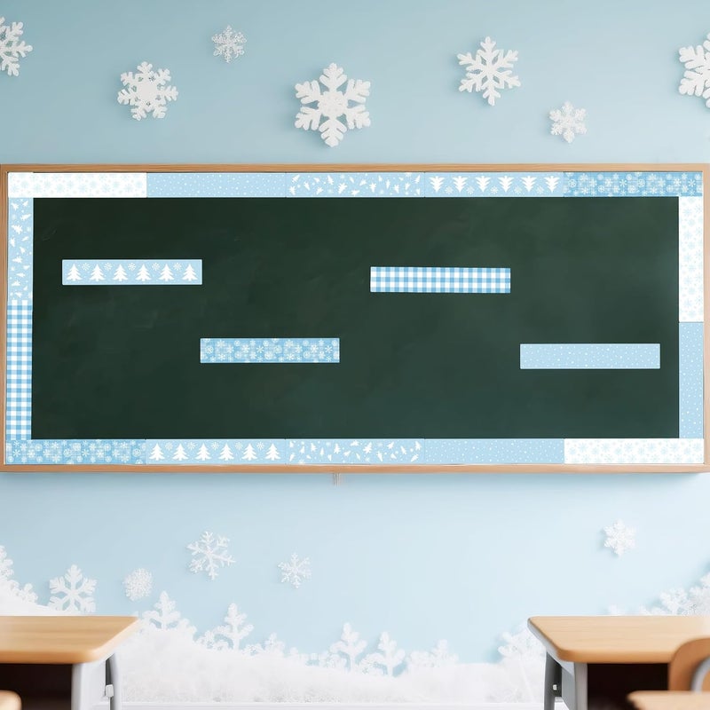 CPicdn 24Pcs Winter Classroom Magnetic Bulletin Board Borders Decoration Set, Christmas Tree Snowflakes Border Trims Blue White Classroom Chalkboard Supplies Wall Door Christmas Winter Party Decor - Image 4